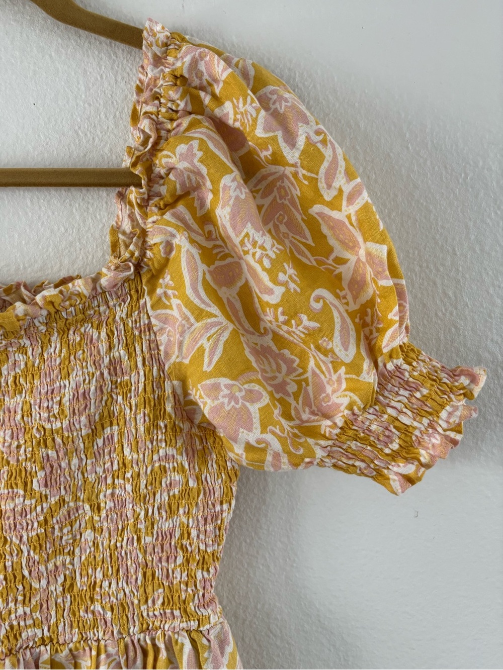 Boden Linen Maxi Dress Puff Sleeve Yellow Floral Smocked Square Neck Pockets 10R - Picture 7 of 8